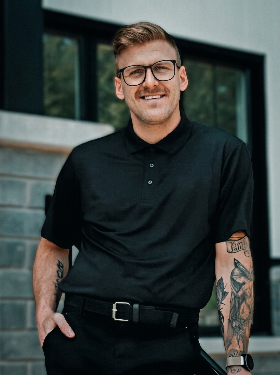 Portrait professionnel de Michael Boyer, fondateur de Suivia, souriant, lunettes, polo noir, devant un bâtiment résidentiel moderne au Québec.